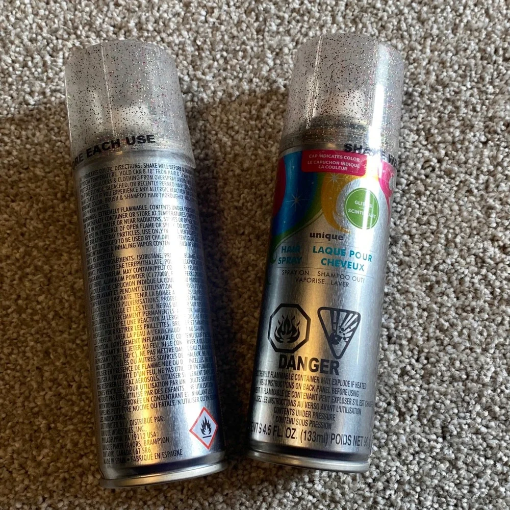 Lot of 2 Unique Industries Silver Multi Glitter Hair‎ Spray Temporary Color